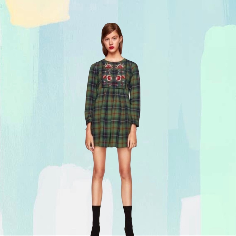 Zara Tunic Dress Green Plaid Floral Embroidered